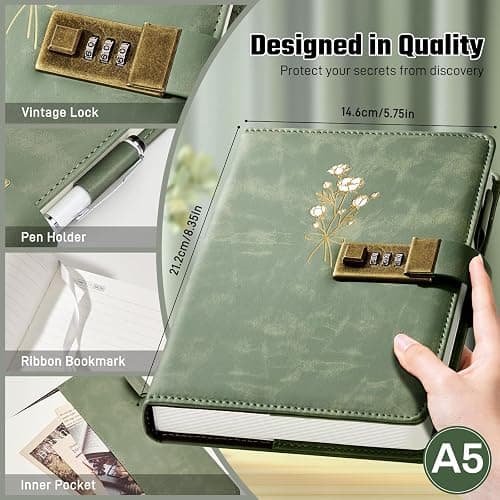 Ovesmusl Diary with Lock for Girls A5 Leather Diary for Women 260 Pages 100 GSM Refillable Journal with Lock for Teens Secrets Flower Journals with Combination Passwords, 5.7"x8.3", Green thumbnail 3