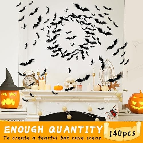 140pcs Bats Hallween Decorations Bats Wall Decor Realistic PVC 3D Black Scary Bat Sticker for Creepy Home Decor Halloween Party Decorations Supplies DIY Wall Decal Bathroom Indoor Halloween Decor thumbnail 3