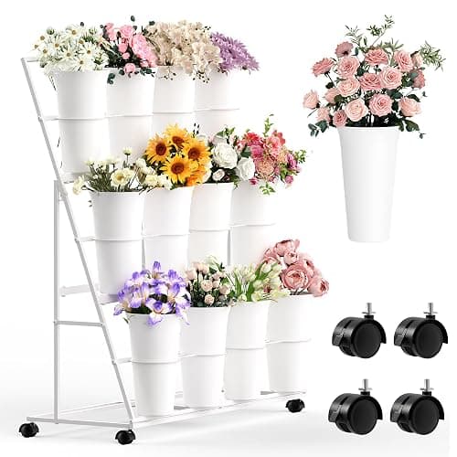 Invech Flower Display Stand with 12 Buckets and Wheels, 3 Tier Flower Cart Display Stand for Indoor Outdoor Garden, Wedding, Flower Shop (White) thumbnail 9