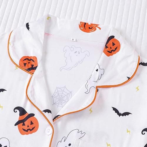 Halloween Pajama Sets for Women 2 Piece Ghost Pumpkin Print Shirts and Pajamas Shorts Button Down Short Sleeve Sleepwear thumbnail 5