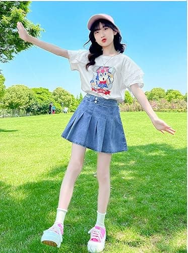 Milokado 3-13 Years Skirts for Teen Girls Blue Elastic High Waist A Line Pleated Denim Skirt - 9-10 Years - Blue thumbnail 5