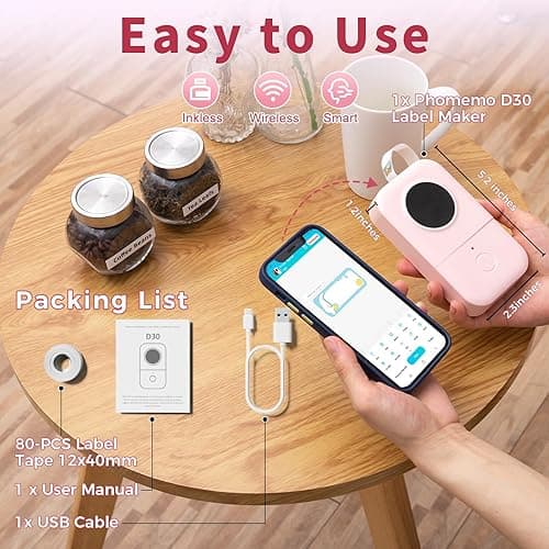 Phomemo Label Maker Machine, D30 Portable Handheld Bluetooth Mini Label Printer, Multiple Templates Smartphone Thermal Small Label Maker for Kids School Items, Classroom Teacher Supplies, Easy to Use - Pink - 1 Printer + 1 Roll Paper thumbnail 4