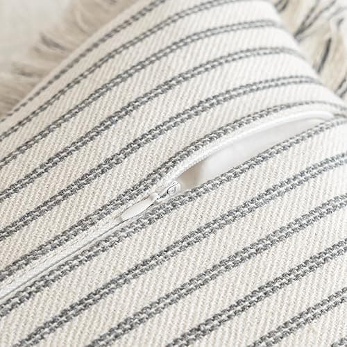 YEENAASY Striped Farmhouse Throw Pillow Covers 24X24 Set of 2 Boho Pillow Cover with Fringe Tassel Chic Cotton Decorative Pillows Modern Neutral Square Cushion Pillowcase for Sofa Couch Bed, Grey - Grey - 24" x 24" (Pack of 2) thumbnail 4