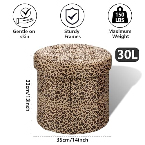 AmasSmile Storage Ottoman Folding Foot Rest Stool, 14x14x13 inch Small Velvet Footstool Bench, Short Ottoman Bench, Storage Foot Rest Store, Blanket Chest, Leopard Print thumbnail 2