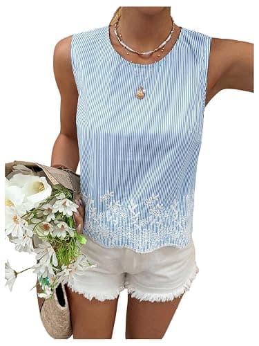 MakeMeChic Women's Striped Floral Blouse Crew Neck Embroidery Sleeveless Summer Tops - Image 1