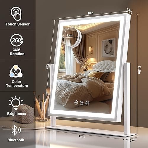 Hasipu Vanity Mirror with Lights, 12" x 14" LED Makeup Mirror, Light up Mirror with 10X Magnification and Phone Holder, USB Charging Port, Smart Touch 3 Colors Dimmable, 360° Rotation (White) - 12"L x 14"W thumbnail 3