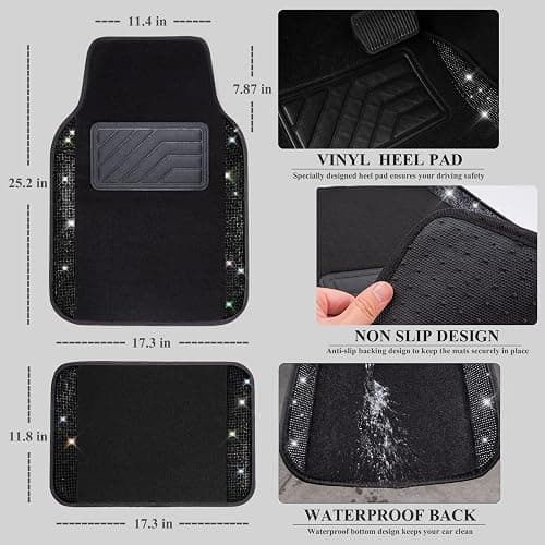 CAR PASS 30 PCS Bling Car Accessories Set for Women, Bling Steering Wheel Covers 15 Inch, Shining Rhinestone License Plate Frame, Sparkly Diamond Phone Holder, Car Mats Full Set, Black thumbnail 9
