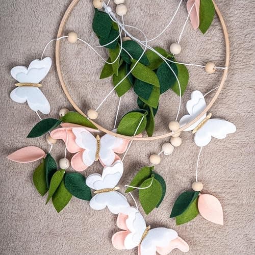 Butterfly Mobile for Crib - A Beautiful Butterfly Handmade Crib Mobile with Green Leaves, Pink, White and Gold Detail for a Nature or Wildflower Theme Nursery thumbnail 8