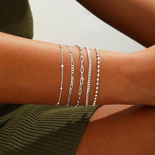 Relveo Gold/Silver Bracelets for Women,14K Real Gold Plated Bracelets Stack Trendy Jewelry Sets Stackable Snake Chain Figaro Paperclip Link Chain Adjustable Bracelet Pack Jewelry for Women thumbnail 2