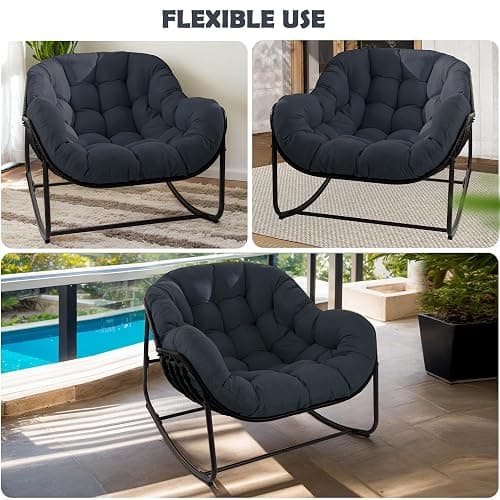 TIMWNER Papasan Rocking Chair, Oversized Egg Rocker for Indoor & Outdoor Use, All-Weather Wicker Patio Chair with Cushion & Pillow, Papasan Rocking Egg Chair for Bedroom, Garden, Dark Blue thumbnail 4