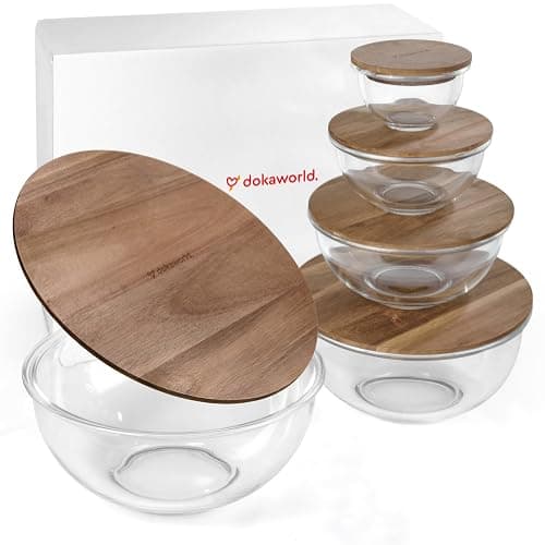 dokaworld Set of 5 Nesting Glass Bowls with New Updated Acacia Lids for Foodprep, Storage, Mixing & Cooking - Microwave & Oven-ready BPA Free Durable Heat Resistant Inert Borosilicate Glass thumbnail 9