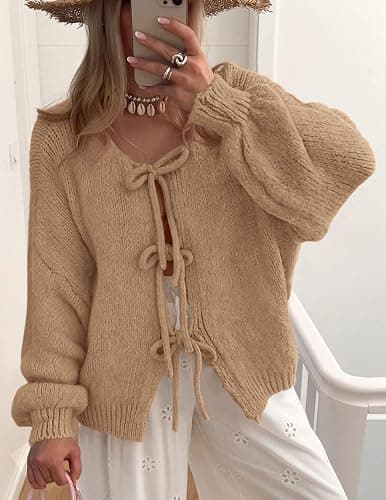 PRETTYGARDEN Women's Tie Front Bow Cardigan Sweaters Chunky Knit Long Puff Sleeve Trendy Fall Winter Jacket Coats thumbnail 8