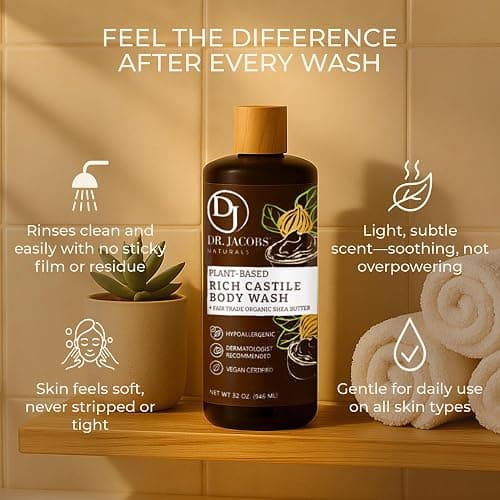Dr. Jacobs Naturals Pure Castile Soap Liquid Body Wash, Shea Butter - Plant Based Soap Infused with Vitamin E and Aloe Vera to Moisturize Dry and Sensitive Skin - Made in The USA - 32 oz, Pack of 1 thumbnail 4