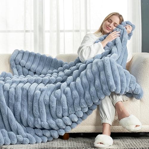 Cozy Bliss Faux Fur Throw Blanket for Couch, Cozy Warm Plush Striped Blanket for Sofa Bedroom Living Room, 50 * 60 Inches Light Blue thumbnail 2