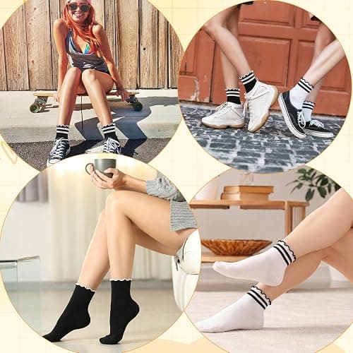 scenicamp Ruffle Socks Women 6 Pairs Frilly Crew Sock Casual | Ruffle Frill Cuffs, Mixed Patterns, 6-Pair Set, for Daily Wear, School Uniforms, and Casual Outings thumbnail 6