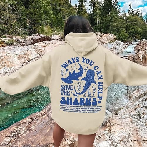 Lytiarul Save the Whale Sharks Hoodie for Women Ocean Letter Aesthetic Graphic Sweatshirts Preppy Long Sleeve Pullover Tops thumbnail 2