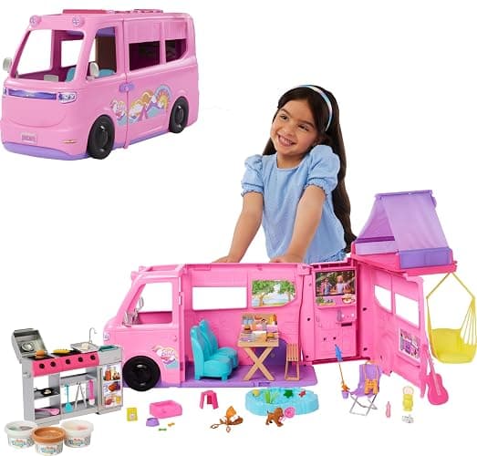 Barbie Dream Camper New for 2025 Playset with Roof Tent, Swing Chair, Fishing Pond, BBQ Grill with Color-Change Feature & 60+ Accessories Including Dough - Image 1