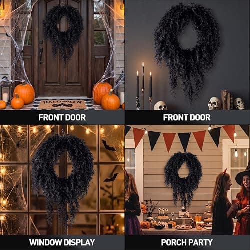 Suncalla 20" Black Halloween Artificial Wreath - Halloween Cedar Wreath Spooky Party Decorations for Front Door Indoor Outdoor Wall Window Porch thumbnail 7