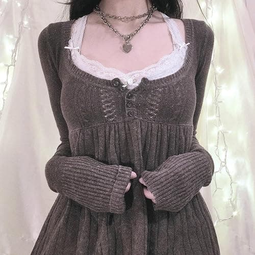 Tsultryofs Y2K Fairy Grunge Knit Long Sleeve Tunic Tops Low Cut Peplum Babydoll Blouse Button Down Harajuku 90s Sweater thumbnail 4