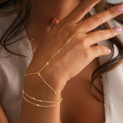 Decholly Hand Chain Bracelets for Women - 14K Real Gold Plated Dainty Stackable Paperclip Link Bracelets Hand Chain Bracelet Ring Gold Bracelets for Women Trendy thumbnail 2