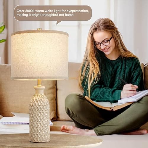 Ceramic Table Lamps Set of 2, Farmhouse 24.8" Bedside Lamps with 3-Color Temperature, Modern Nightstand Lamp Desk Reading Lamp with Fabric Drum Shade for Bedroom, Living Room, Office, 2 Bulbs Included thumbnail 4