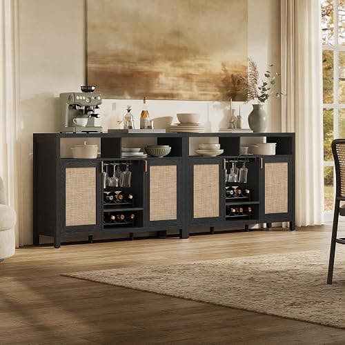 SICOTAS Rattan Coffee Bar Cabinet with Wine Racks & Metal Stemware Holders | 51" Sideboard Buffet Cabinet with Storage, Modern Liquor Cabinet Boho Credenza Buffet Table for Living Dining Room, Black Oak thumbnail 7