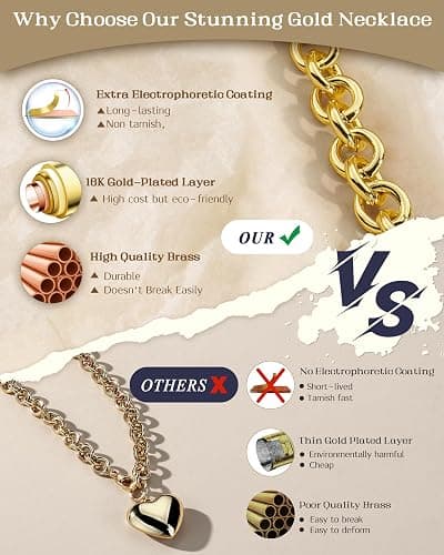 TEN MIRO 16k Gold Plated Chunky Gold Plated Necklace for Women Non Tarnish, 36'' /92cm Long Chunky Heart Necklace layered Puffy Heart Necklaces Long Thick Pendant Bold Statement Necklaces for Women Trendy thumbnail 3