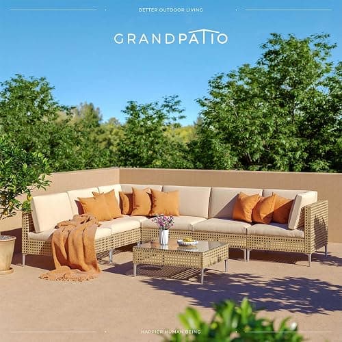 Grand patio 7-Piece Wicker Patio Furniture Set, Boho Outdoor Conversation Set Sectional Sofa with Water Resistant Thick Cushions and Coffee Table, Cream thumbnail 2
