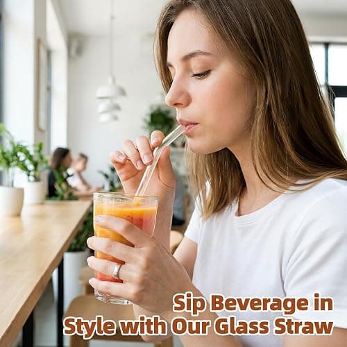 Antner 12 Pack Reusable Glass Straw, 8.5" x 10MM Bent Clear Glass Drinking Straws for Hot & Cold Drinks, 2 Cleaning Brushes Included thumbnail 6