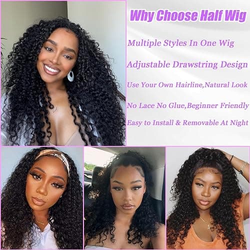 Glimeer Half Wig Human Hair Deep Wave 3 In 1 Drawstring Seamless Filp Over Curly Half Wig 200% Density Wear and Go Glueless Half Wigs for Black Women Natural Color 18 Inch thumbnail 3