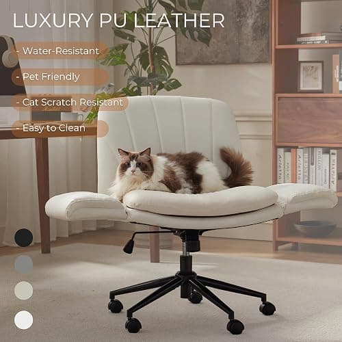 Dowinx Criss Cross Chair with Five-Level Adjustable Arms and Wheels - Comfortable Ergonomic PU Leather Swivel Vanity Chair - Computer Makeup Gaming Chair for Home Office, Bedroom, Vanity Room (Beide) thumbnail 4
