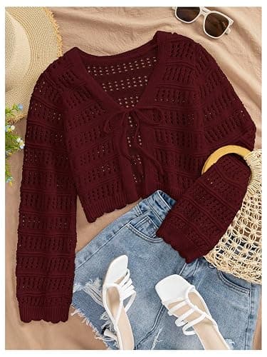 SHENHE Women's Tie Front Hollow Out Cover Up Summer Boho Knit Cardigan Crop Tops thumbnail 5