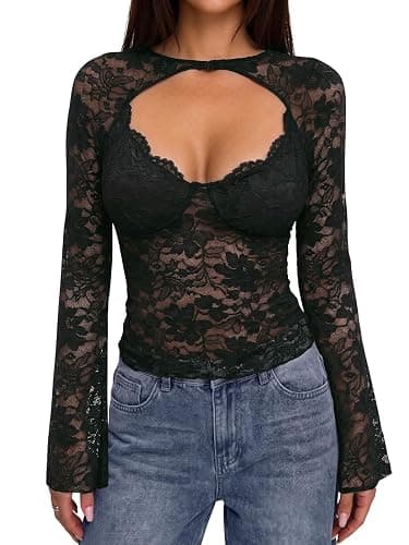 PINKMSTYLE Womens Lace Long Sleeve Shirts Sexy Mesh Y2K Going Out Tops | Cut-out Front Slim Fitted Blouses Sheer See Through Clothes,2026 Fall Fashion,Date Night,Party,Club,Concert,Concert Outfits thumbnail 3