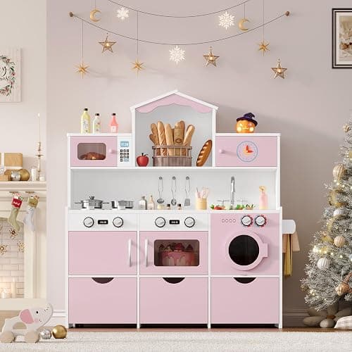 Keyluv Wooden Play Kitchen for Kids and Toddler, Montessori Toy Kitchen Playset with Plenty of Pretend Play Features and Storage Drawers, Gift for Boys and Girls, Pink thumbnail 8