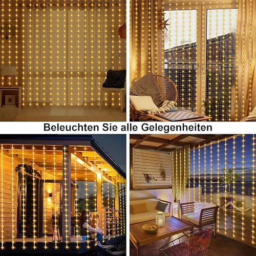 DBFAIRY 2x2M Lichtervorhang innen, 200 LED Lichterketten Vorhang mit 8 Modi Fernbedienung Timer, Batterie Lichterkette Vorhang Wasserfest für Party Hochzeit Innen und außen Deko (Warmweiß) thumbnail 7
