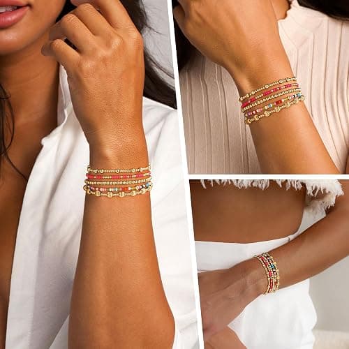Turandoss 5PCS Gold Beaded Bracelets for Women Teen Girls, 14K Gold Plated | Stacked Beads Bracelet Set, Turquoise Cross Pearl Charm, Waterproof, 7 Inch Stretch Elastic, Bracelet for Women Teenage Girls thumbnail 4