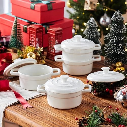 Lareina Mini Cocotte 12oz Ceramic Casserole Dish Set with Lid, White | Small casserole ramekins with handles, oven, microwave & dishwasher safe. Perfect for baking, serving, and individual meals. thumbnail 2