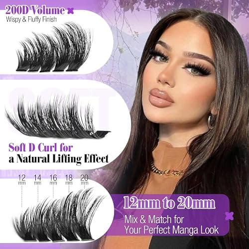 Spiky Lash Clusters Volume Eyelash Clusters with Spikes Manga Lashes Clusters Wispy Cluster Eyelash Extensions 12-20mm D Curl Individual Lashes 200D Fluffy Cluster Lashes for DIY Lash Look by Yawamica thumbnail 6