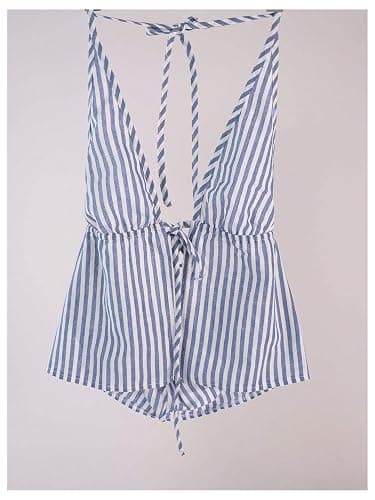 SweatyRocks Women's Striped Tie Front Halter Tops Sleeveless Cami Tops | Sexy, Summer, Backless Tops, Drawstring, Self Tie Front, Blue And White Top thumbnail 5