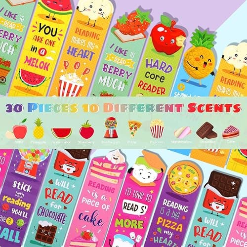 Eersida 30 Pcs Scented Bookmarks for Kids, Fruit Food 10 Styles | Assorted Designs Scratch and Sniff, Fruit Food Theme Sayings for Students, Teens, Food Lovers, Bulk Reading Reward Gifts thumbnail 4