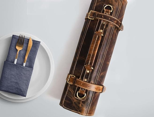 Aaron Leather Goods Vendimia Estilo Leather Knife Roll Storage Bag, Elastic and Expandable 10 Pockets, Adjustable/Detachable Shoulder Strap, Travel-Friendly Chef Knife Case Roll (Caramel, Leather) thumbnail 2