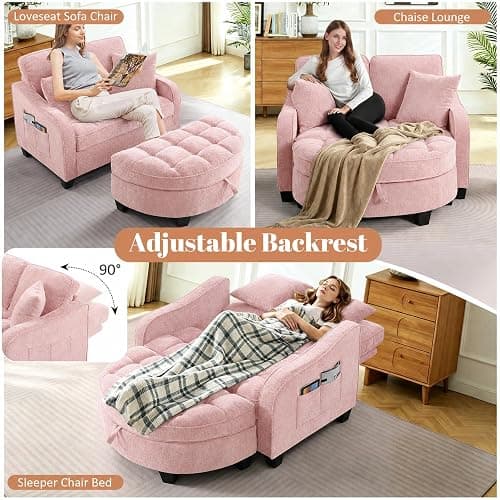Chaise Lounge Chair Indoor with Storage Ottoman, Comfy Chenille Tufted Loveseat Sofa Chair with Adjustable Backrest, Upholstered Lounge Sofa Chairs with 2 Pillows & Side Pockets for Living Room, Pink thumbnail 3