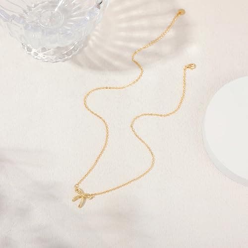 Treasure Bender Christmas Gifts Stocking Stuffers Bow Gold Necklace for Women Non Tarnish Dainty 14k Gold Plated Pendant Necklaces Trendy Cute Charm Bow Necklace Gold Jewelry for Women Birthday Gift thumbnail 5