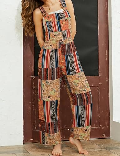 Himosyber Women's Patchwork Dual Pocket Jumpsuit Loose Floral Print Bohemian Wide Leg Bib Overall thumbnail 5