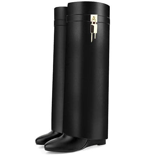 CDHYX Fold Over Boots for Women Pointy Pull-on Wedge Heel Knee Shark Boot With Side Zipper Padlock Design thumbnail 6