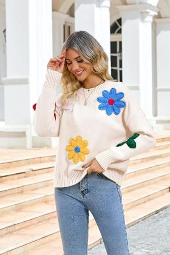 Aedceal Women Floral Sweater Long Sleeve Round Neck Casual Lounge Colorful Flower Knit Pullover Top thumbnail 5