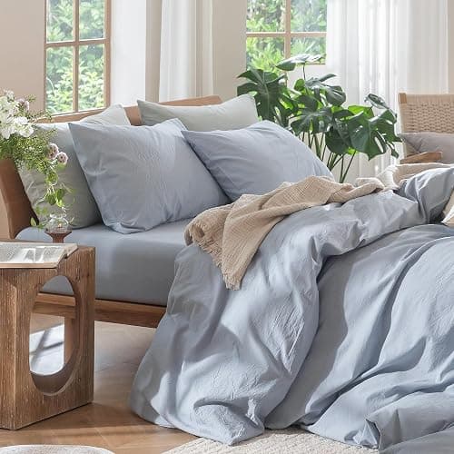 MooMee Bedding Duvet Cover Set 100% Washed Cotton Linen Like Textured Breathable Durable Soft Comfy (Heathered Cornflower Blue, Twin 68"x90") thumbnail 6