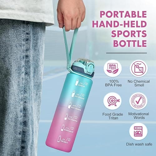 SEASEVEN 1L Water Bottle with Straw,Plastic Drinks Bottle,1 Litre Sports Water Bottles with Time Markings,Girls Boys Waterbottle Leak-Proof & Bpa-Free for Gym,Cycling, Office (Cyan-Pink) thumbnail 6