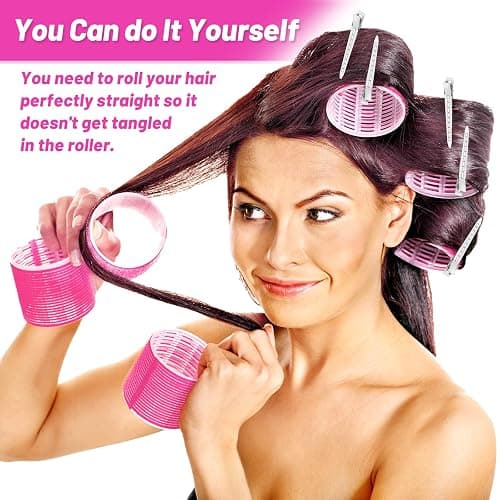 Jumbo Hair Curlers Rollers, 12Pcs 60mm Jumbo Hair Roller Curlers Self Grip Holding Rollers with 12Pcs Hair Clips for Long Straight Thick Hair (Rose Red) thumbnail 5