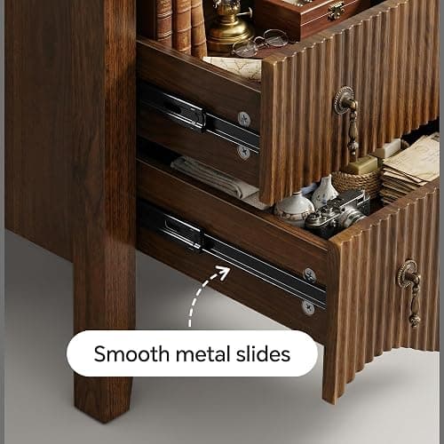 FUSUNBAO Nightstand with Charging Station, Vintage Bedside Table with 3 Fluted Drawers and Open Shelf, Rustic End Table with Power Outlet and USB Ports for Bedroom, Walnut thumbnail 4